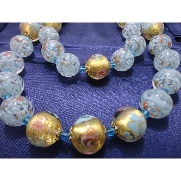 Murano Glass Bead Double Strand Necklace Bracelet Earring Set Blue Gold Stauer - Picture 2 of 11